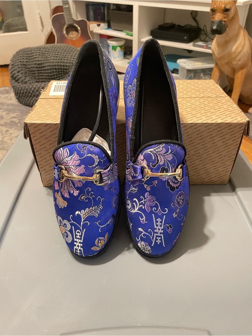 Urban Outfitters Blue Floral Embroidered Loafers with Gold Bit
